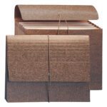Two expanded brown accordion file folders with textured surfaces are shown. The front one, a closed Smead Partition Wallet with Redrope-Printed Stock and secured by an elastic cord, while the back is open, displaying multiple tabbed sections for organizing letter-sized documents.