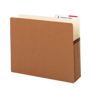 A Smead expanding file pocket with 2/5-cut tabs is partially open, displaying its letter size design. The right-position tab shows A and Ackerman, Gregory, offering guide height for quick access.