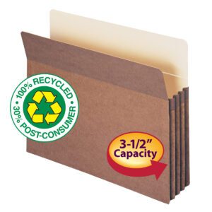 The Smead 100% Recycled File Pocket (73205) is a letter-size, redrope expanding file folder with a beige interior, featuring a green label 100% Recycled, 30% Post-Consumer and a red arrow for 3-1/2” Expansion. Sold in packs of 25 per box.