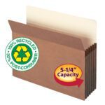 The Smead 100% Recycled File Pocket features a straight-cut tab, 5-1/4 expansion, and accordion-style design. Made of brown recycled Redrope material with a green 100% Recycled and 30% Post-Consumer label, it comes in letter size and includes 10 pockets per box (73206).
