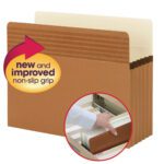 Image of brown Smead Easy Grip? File Pockets with new and improved non-slip grip highlighted. A circular inset shows a hand gripping one inside a drawer. Available in Redrope, 10 per Box (73209).