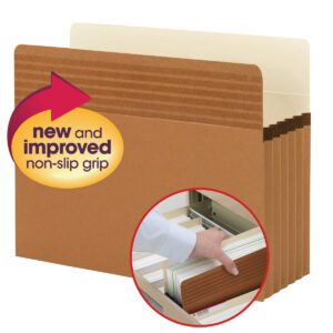 Image of brown Smead Easy Grip? File Pockets with new and improved non-slip grip highlighted. A circular inset shows a hand gripping one inside a drawer. Available in Redrope, 10 per Box (73209).