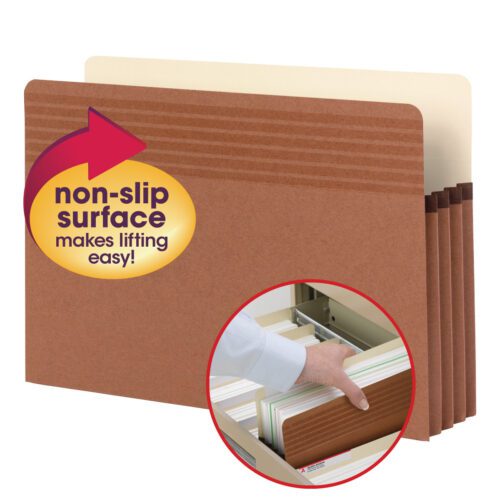 Discover the Smead Easy Grip File Pocket (73210), a redrope folder with a straight-cut tab and 3-1/2 expansion, providing non-slip surface labels for effortless lifting from file cabinets. Sold 25 per box, it keeps your legal-sized documents organized.