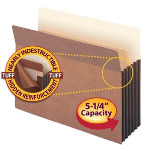 The Smead TUFF? File Pocket, featuring a straight-cut tab and 5-1/4 expansion, has a reinforced Redrope design and highlighted hidden reinforcements for durability.