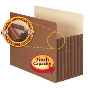 The Smead TUFF File Pocket features a 7 expansion, straight-cut tab, and is available in Redrope. The Nearly Indestructible reinforcement is highlighted in a circular inset. Sold in packs of 5 per box (73395).