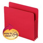 Explore the Smead Poly File Pocket (73501) with a straight-cut tab and 3-1/2 expansion. This red letter-size folder has three sections, an easy-to-clean surface, and a circular label, making document organization efficient and practical.