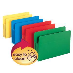 Smead Poly File Pocket (73550) comes in assorted colors like yellow, blue, red, and green, perfectly organizing legal-size documents with its 3-1/2 expansion. A circular icon boasts easy to clean with a sparkling hand and arrow.