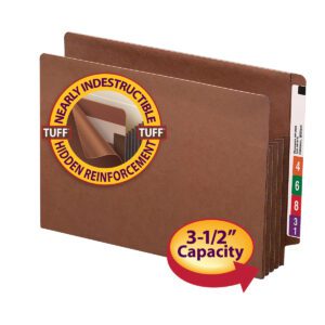 Image of a Smead End Tab TUFF? File Pocket (73780) with a label Nearly Indestructible, Hidden Reinforcement. Features 3-1/2 capacity and colored tabs numbered 1, 3, 6, and 8 in green, purple, orange, and red.