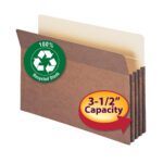 The Smead 100% Recycled File Pocket has a straight-cut tab, 3-1/2 expansion, legal size, and a durable redrope design with a green 100% Recycled Stock symbol.