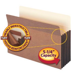 The Smead TUFF? File Pocket, with a straight-cut tab and 5-1/4 expansion, is shown with its redrope exterior and reinforced edges. A circular inset highlights the Nearly Indestructible Hidden Reinforcement label.