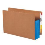 The Smead End Tab File Pocket (74679) features a Redrope with Blue Gusset design, 3-1/2 expansion, and a reinforced straight-cut tab. It includes color-coded labels with JUL in red and numbers beneath it.