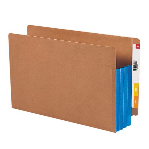 The Smead End Tab File Pocket (74679) features a Redrope with Blue Gusset design, 3-1/2 expansion, and a reinforced straight-cut tab. It includes color-coded labels with JUL in red and numbers beneath it.