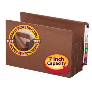 The brown Smead End Tab TUFF File Pocket (Item 74795) has a reinforced straight-cut tab, offers a 7 expansion, and is made of Redrope material. It features tabbed dividers labeled in red, green, cyan, and purple, highlighting its durability with an impressive expansion.