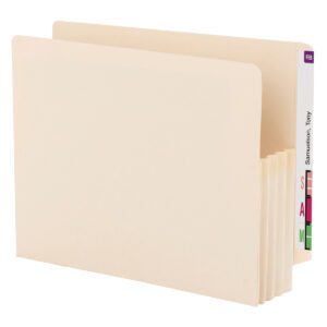 The Smead End Tab File Pocket (75124) features a reinforced straight-cut tab with Manila gusset, offers 3-1/2 expansion, includes a colorful design, and has seven sections; perfect for efficient document organization. Comes in letter size, beige color, 25 per box.