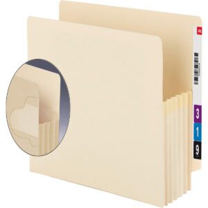 The Smead End Tab Extra Wide TUFF? File Pocket features reinforced straight-cut tabs and color-coded labels 3, 1, and 9. Its extra-wide letter size design allows a generous 5-1/4 expansion with an inset showing the expandable sections, sold in a box of 10 (75160).