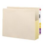 The Smead End Tab File Pocket, ideal for document organization, is a letter size manila folder with reinforced straight-cut tab, fully-lined gusset, and multicolored numbered tabs. Expandable to 3-1/2, it includes a small red label on the top right corner and stands upright against a white background.