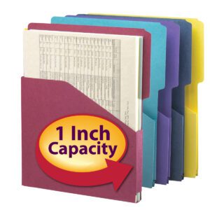 This vibrant set of Smead Organized Up Expanding Slash Jackets in assorted colors features a label that reads 1 Inch Capacity. Each letter-size folder offers a 1 expansion for your documents, and the pack includes five folders with 2/5-cut tabs.