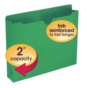 The Smead File Jacket (75563), a green expandable file folder with a reinforced straight-cut tab and 2 expansion, includes a label reading tab reinforced to last longer. Its perfect for organizing or storing numerous documents efficiently.