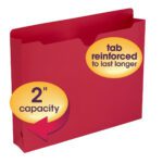 A Smead File Jacket in red, featuring a Reinforced Straight-Cut Tab with 2-inch expansion for durability and ample storage, is shown against a white background. Available in packs of 50 per Box (75569).