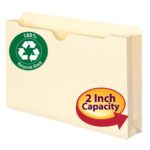 The beige Smead 100% Recycled File Jacket (Manila, 2 Expansion) for legal documents has a reinforced straight-cut tab. It includes a green 100% Recycled Stock sticker and red/yellow oval label for its capacity.