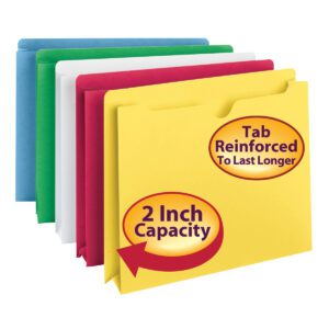 Four assorted-colored Smead File Jacket folders (blue, green, red, yellow) with Reinforced Straight-Cut Tabs and 2 expansion are aligned in a row. The yellow folder highlights Tab Reinforced to Last Longer.