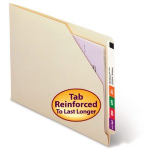 A displayed Smead End Tab File Jacket, Shelf-Master with reinforced straight-cut tab in Manila shows colored labels numbered 4, 6, 8, and 31. A circular label says Tab Reinforced to Last Longer, highlighting the Manila quality.