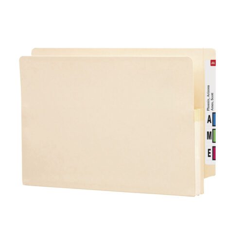 The Smead End Tab File Pocket (76114) is a legal-size, blank beige filing folder with reinforced straight-cut tabs featuring A, M, and E labels, offering 1-3/4 expansion for stability.