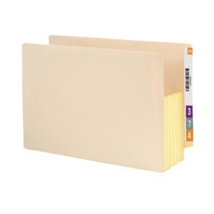 The Smead End Tab File Pocket, with a 5-1/4 expansion and fully-lined gusset, features reinforced straight-cut tabs labeled 3, 7, and 4. It includes a barcode on the right edge for easy organization.