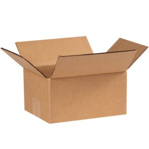A bundle of MH-USA 7 x 6 x 4 corrugated boxes with flaps extended rests on a white background.