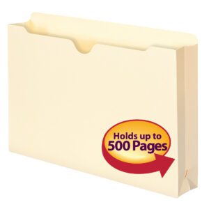 The Smead File Jacket, a manila accordion file folder with a 2 expansion and open top, holds up to 500 legal-sized pages. It features a prominent red and yellow label pointing to the folder. Available in packs of 50 per box (76470).