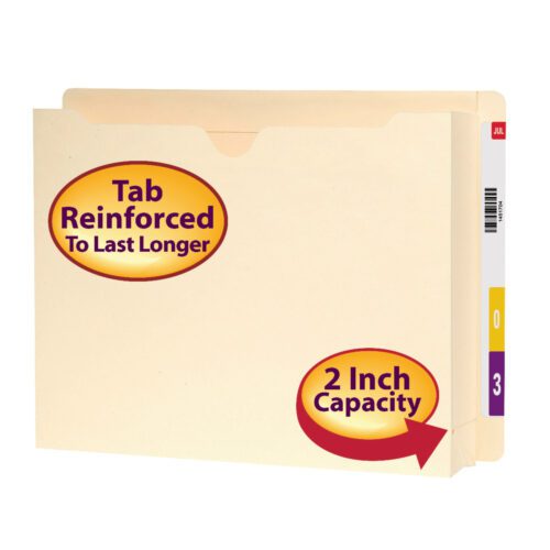 The Smead End Tab Expanding File Jacket, in cream Manila color with a 2 expansion, has a reinforced straight-cut tab for durability. It includes side index tabs with color-coded and numbered labels and comes in a pack of 25 (76910).