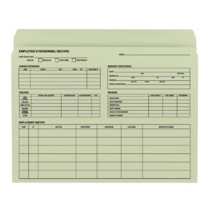 The Smead Employee Record File Folder, available in a pack of 20, is perfect for organizing employee details. This moss-colored, letter-size folder has sections for personal info, address, emergency instructions, education, and employment history (Product Number: 77000).