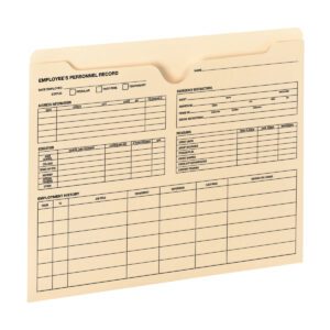 The Smead Employee Record File Jacket (77100) is a manila, letter-size folder with sections for personal details, employment status, address, education, employment history, emergency instructions, and payroll. A must-have for an organized office setup; comes with reinforced straight-cut tabs and no expansion.