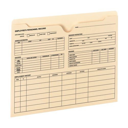 77100_C1.jpg The Smead Employee Record File Jacket (77100) is a manila, letter-size folder with sections for personal details, employment status, address, education, employment history, emergency instructions, and payroll. A must-have for an organized office setup; comes with reinforced straight-cut tabs and no expansion.