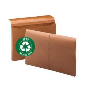 Two redrope Smead Wallets (77171), crafted from 100% recycled stock. One wallet is open with a flap, the other has an elastic closure. Both feature a green recycling symbol and come in a box of 10, sized for legal documents with a 2 expansion.