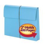 The Smead Expanding File Wallet in blue is ideal for organizing documents, featuring a flap and cord closure. It holds up to 400 pages, expands to 2 inches wide, and comes in a letter size. Sold in convenient packs of 10 per box (77203).