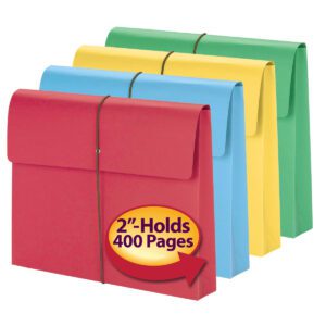 The Smead Expanding Wallets, featuring a 2 expansion and secure flap with cord closure, come in assorted colors (red, blue, yellow, green), hold up to 400 letter-size pages each, and are perfect for organizing documents. Available in boxes of 50 (77251).
