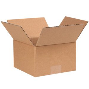 A brown MH-USA 7 x 7 x 4 1/2 corrugated box with open flaps reveals an empty interior, set against a white background. Its sturdy design comes in bundles of 25, ideal for various packaging needs.