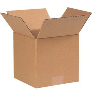 The MH-USA 7 x 7 x 7 Corrugated Boxes, available in bundles of 25, are displayed with flaps up and the taped seam visible on the bottom edge, viewed from a slightly elevated angle.