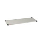 A gray rectangular clipboard with black corners and a small red label sits smoothly on a 24 x 60 Metro 2460FS Super Erecta Solid Shelf, Standard Stainless Steel.