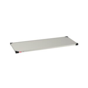 A gray rectangular clipboard with black corners and a small red label sits smoothly on a 24 x 60 Metro 2460FS Super Erecta Solid Shelf, Standard Stainless Steel.