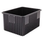 The Metro TB93120CAS Conductive Polypropylene Tote, measuring 22.5 x 17.5 x 12, is a large black storage bin with ribbed sides, smooth edges, and small holes for ventilation or handles, offering a stylish and functional solution for your storage needs.
