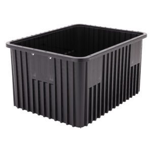 The Metro TB93120CAS Conductive Polypropylene Tote, measuring 22.5 x 17.5 x 12, is a large black storage bin with ribbed sides, smooth edges, and small holes for ventilation or handles, offering a stylish and functional solution for your storage needs.