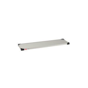 The Metro 1448FS Super Erecta Solid Shelf, made of standard stainless steel and measuring 14 x 48, features black plastic corner caps and a small red logo on the front, isolated on a white background.