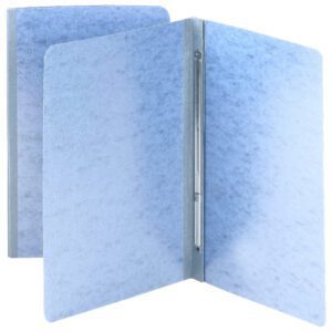 Two light blue folders resemble the Smead Premium Pressboard Report Cover, each with metal prongs for document security. One folder is slightly tilted forward while the other stands behind, highlighting their sleek design.