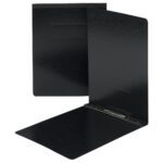 Two black paper folders, one open and one closed, appear similar to the Smead Premium Pressboard Report Cover with a metal prong and compressor. The professional design ensures a polished look for organization.