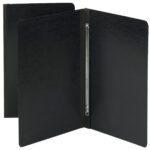 Two open Smead Premium Pressboard Report Covers in black, each with a 3 capacity. Featuring side fasteners and metal prongs with compressors, these covers hold documents securely and are shown from different angles.