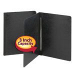 Two black Smead Premium Pressboard Report Covers are shown, one closed and one open with a metal prong and compressor. A graphic highlights its 3 Inch Capacity as ideal for organizing letter-size documents.