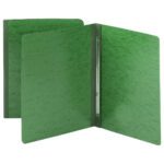 Two Smead Premium Pressboard report covers are displayed, one closed and one open to show metal prongs with compressors. The green covers have a textured surface and a 3 capacity, adding a sophisticated touch.