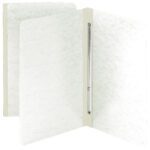 Two Smead Premium Pressboard Report Covers, gray with a textured finish, feature metal prong and compressor side fasteners, letter-size. One stands open to display the interior fastener while the other is slightly closed behind it.